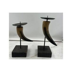 Elements Faux Horn Pillar Candle Holders Set of 2 Rustic Lodge Decor Black Tan